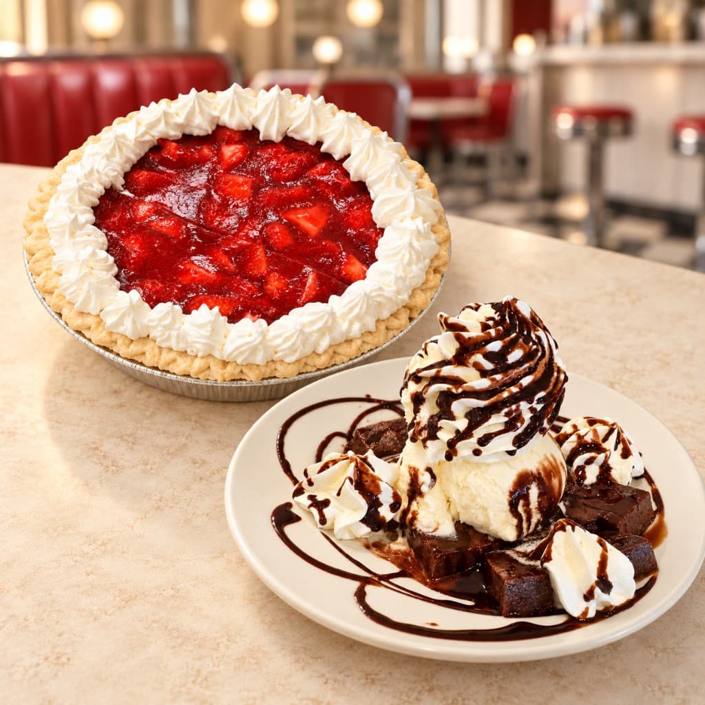 Strawberry pie and brownie sundae
