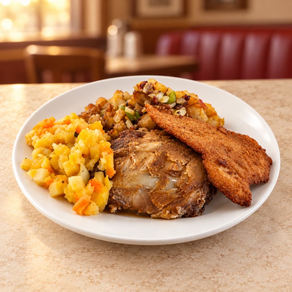 Homestyle dinner plate with roasted meat and potatoes